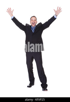 Happy Businessman Celebrating Success On White Background Stock Photo