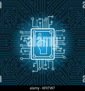 Human Hand Icon On Chip Over Blue Circuit Motherboard Background Stock Vector