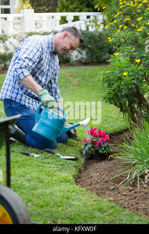 Man watering plants with a watering can in garden Stock Photo
