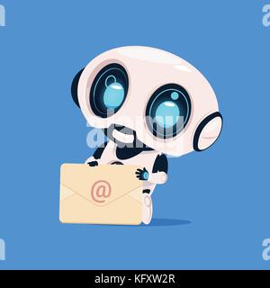 Cute Robot Hold Envelope Mail Notification Isolated Icon On Blue Background Modern Technology Artificial Intelligence Concept Stock Vector