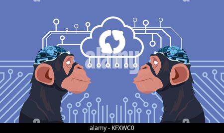 Monkey Heads With Cyborg Brain Updating Over Circuit Background Vertical Banner Artificial Intelligence Concept Stock Vector