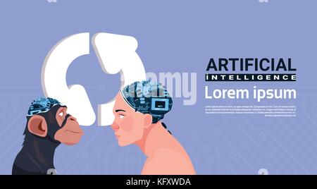 Male And Monkey Head With Modern Cyborg Brain Over Updating Sign Aroows Artificial Intelligence Concept Stock Vector