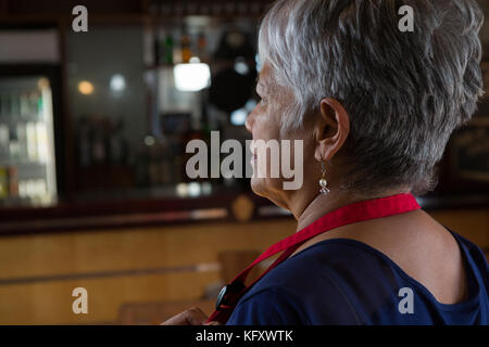 Waitress wearing her apron in the bar Stock Photo