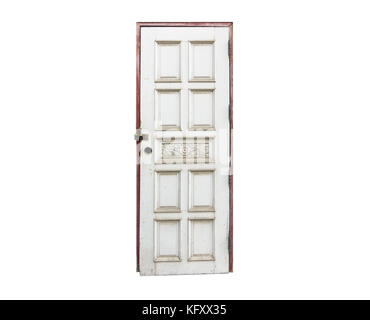 Isolated locked old white door with no knob on white background Stock Photo