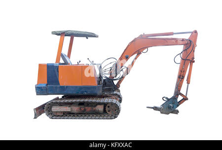 Old backhoe isolated on white background, side view Stock Photo