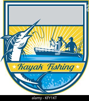 Retro badge style illustration of tandem fisherman kayak fishing catching a jumping blue marlin with sunburst set inside batch on isolated background. Stock Vector