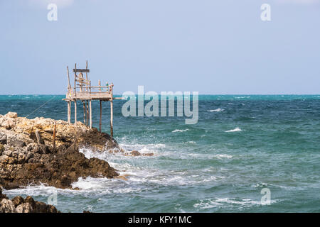 Traditional fishing tower, Peschici and the Gargano National Park. Italy. Stock Photo