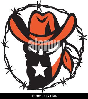 Icon style illustration of a Texan outlaw or bandit wearing a mask with Texas flag framed with a circular barb wire on isolated background. Stock Vector