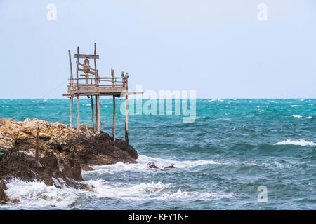 Traditional fishing tower, Peschici and the Gargano National Park. Italy. Stock Photo