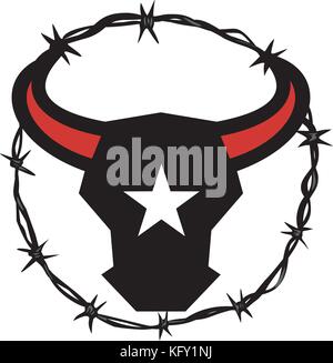 Icon style illustration of a Texas Longhorn bull with star on it's head set inside Barbed Wire circle on isolated background. Stock Vector
