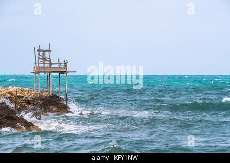 Traditional fishing tower, Peschici and the Gargano National Park. Italy. Stock Photo