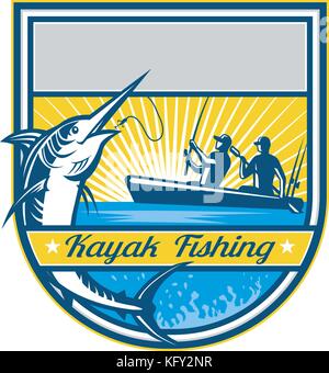 Retro badge style illustration of tandem fisherman kayak fishing catching a jumping blue marlin with sunburst set inside batch on isolated background. Stock Vector