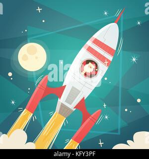 Santa Claus Flying In Space Rocket In Sky With Moon, Merry Christmas And Happy New Year Banner Stock Vector