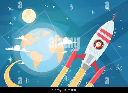 Santa Claus Flying In Space Rocket Over Earth Planet, Merry Christmas And Happy New Year Banner Stock Vector