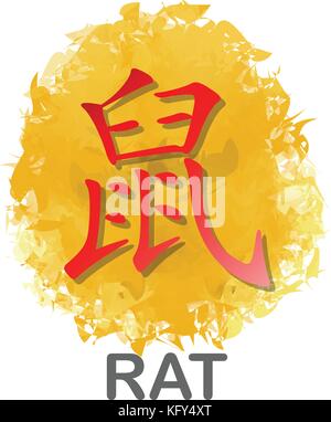 Red Chinese word symbol of Rat year Zodiac calendar on Golden watercolor background for vector graphic design concept Stock Vector