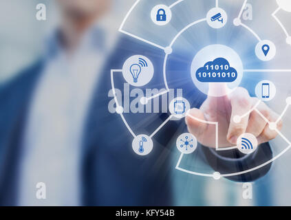 Internet of Things (IoT) technology concept with digital network of connected icons (smart home, cloud, wireless connection) on virtual interface, bus Stock Photo