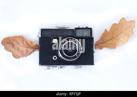 Vintage Analogue Photo Camera in Dry Maple Leaves as natural background, Top View Stock Photo