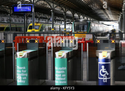 Trains sit idle on the platforms at Heuston Station, Dublin, during a one day strike by Irish Rail train drivers over pay and conditions. Stock Photo