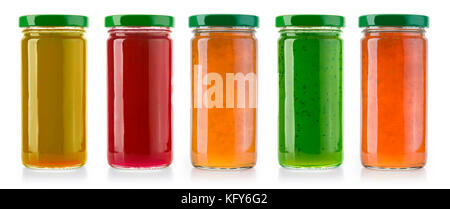 Jars of fruity jams isolated on white background. Preserved fruits Stock Photo