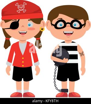 little kids disguised as a pirate and prisoner vector illustration design Stock Vector