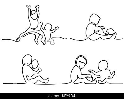 Continuous line drawing. Logo set. toddler playing with baby. Vector illustration Stock Vector