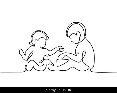 Continuous line drawing. Happy toddler boy playing with his baby sister. Vector illustration Stock Vector