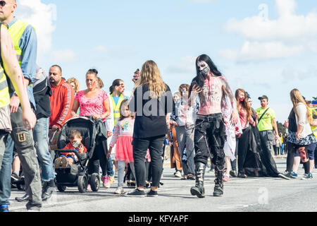 STOCKHOLM, SWEDEN – AUGUST 20, 2016: People dressed up as zombies participate in annual Zombie Walk parade in Stockholm, Sweden Stock Photo