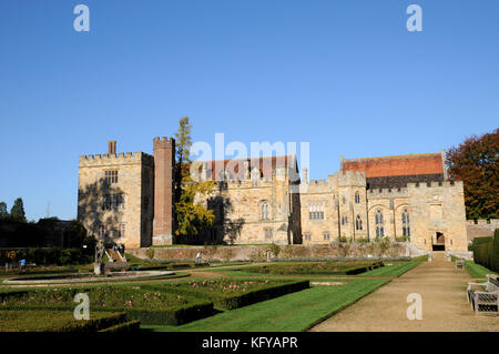 General view of Penshurst Place seen in autumn from its ornamental garden. Penshurst dates from the 14th century and is situated in the Weald of Kent. Stock Photo