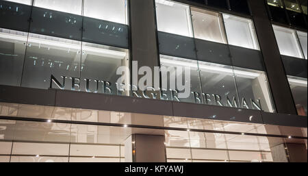 Vanity signage outside 1290 Sixth Avenue in New York announces that it is the New York headquarters of the Neuberger Berman financial services firm, seen on Wednesday, October 25, 2017. The firm has been rated the number one best place to work among asset management firms with more than 1000 workers. (© Richard B. Levine) Stock Photo