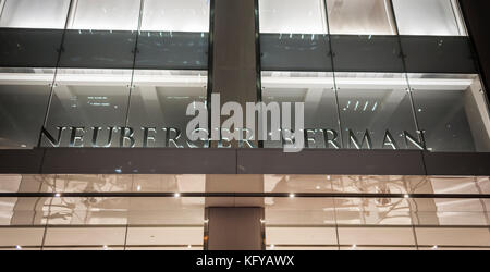 Vanity signage outside 1290 Sixth Avenue in New York announces that it is the New York headquarters of the Neuberger Berman financial services firm, seen on Wednesday, October 25, 2017. The firm has been rated the number one best place to work among asset management firms with more than 1000 workers. (© Richard B. Levine) Stock Photo