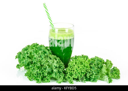 Healthy smoothie with green kale in glass isolated on white background Stock Photo