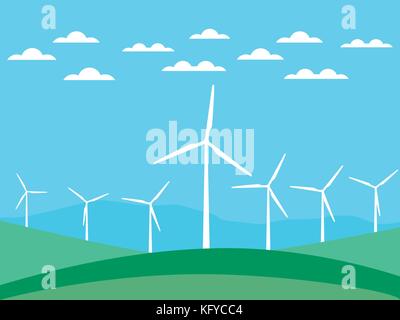 Wind turbine on green fields in a flat style. Renewable energy. Vector illustration Stock Vector