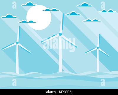 Wind turbines in the sea. Landscape in a flat style with a long shadow. Renewable energy. Vector illustration Stock Vector