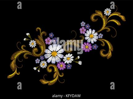 Realistic vector embroidery fashion patch. Flower daisy golden leaves  vintage victorian design. Stitch texture floral arrangement clothes  decoration illustration Stock Vector Image & Art - Alamy