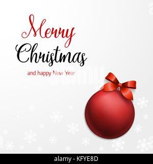 Red Christmas ball Vector illustration Red Christmas ball with red ribbon with bow on white background with snowflakes Template of postcard with the i Stock Vector