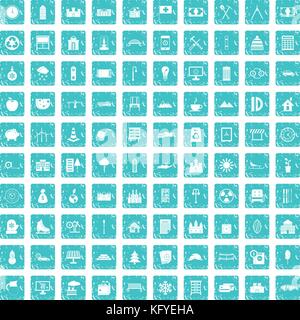 100 villa icons set grunge blue Stock Vector