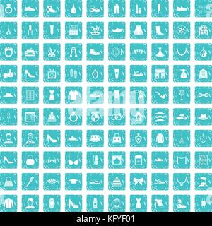 100 vogue icons set grunge blue Stock Vector