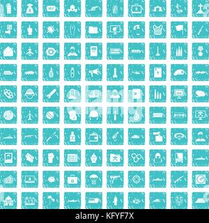 100 war icons set grunge blue Stock Vector