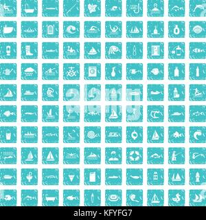 100 water icons set grunge blue Stock Vector