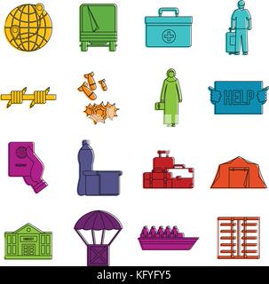 Refugees problem icons doodle set Stock Vector