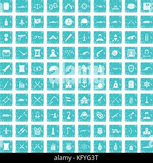 100 weapons icons set grunge blue Stock Vector