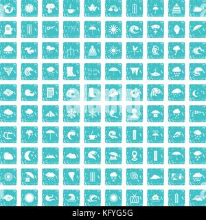 100 weather icons set grunge blue Stock Vector