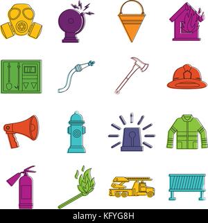Fireman tools icons doodle set Stock Vector