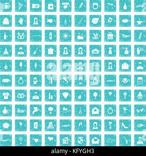 100 wedding icons set grunge blue Stock Vector