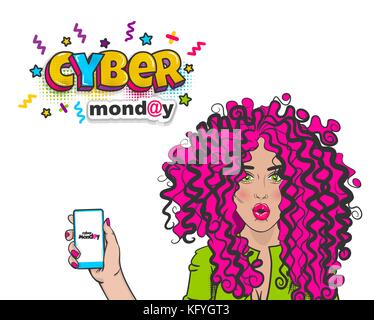 Cyber Monday cute woman pop art hold phone Stock Vector