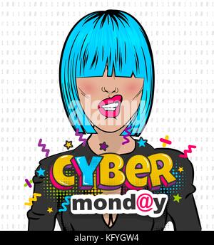Woman pop art computer hacker cyber Monday Stock Vector