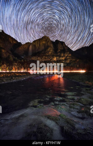 Star trails around Polaris in Yosemite National Park, California, United States of America. Freezing temperature. Stock Photo