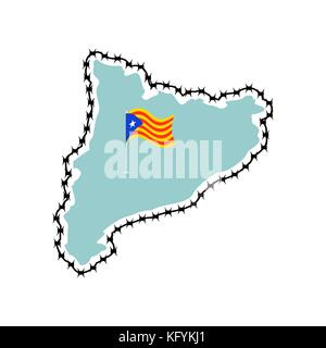 Catalonia is sovereignty and independence. Estelada Blava Map and barbed wire. Protection of state borders. Stock Vector