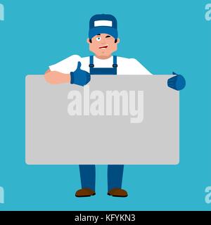 Plumber holding banner blank. Fitter and white blank. Serviceman joyful emotion. place for text. Vector illustration Stock Vector