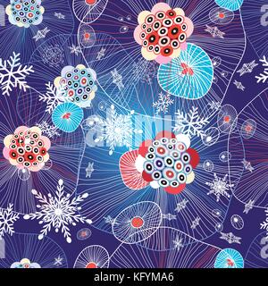 Abstract winter pattern with snowflakes and fantastic elements on a blue background Stock Vector